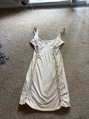 Cream Braided-Trim Midi Slip Dress
